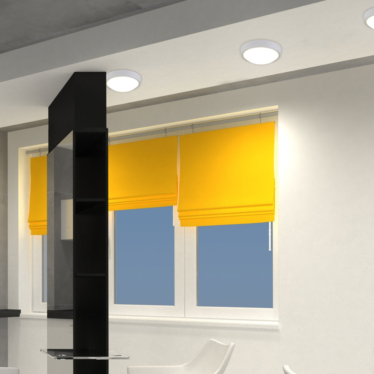 Luz de bulkhead LED IP65 instalada en un pasillo moderno, ideal para iluminar espacios interiores y exteriores con estilo contemporáneo.