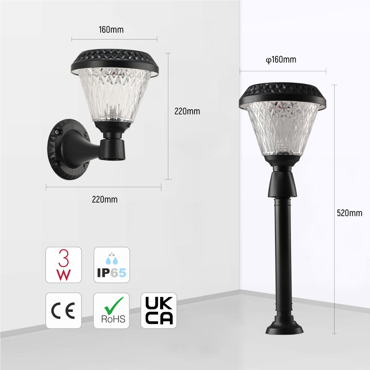 Luz solar de pared tipo farola, ideal para jardines y patios, ofreciendo un estilo moderno y ecológico en espacios exteriores.