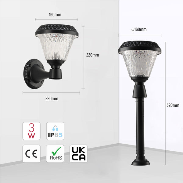 Luz solar de pared tipo farola, ideal para jardines y patios, ofreciendo un estilo moderno y ecológico en espacios exteriores.