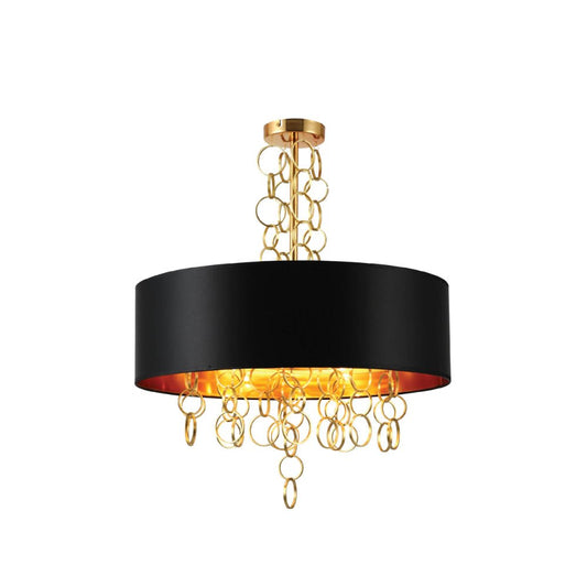 Lámpara De Techo Tipo Candelabro Con Pantalla Cilíndrica De Tela Negra Y Cobre Y Aro Dorado