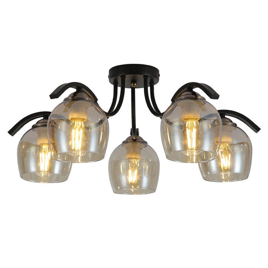 Amber glass black semi-flush ceiling light with 5xe27 main