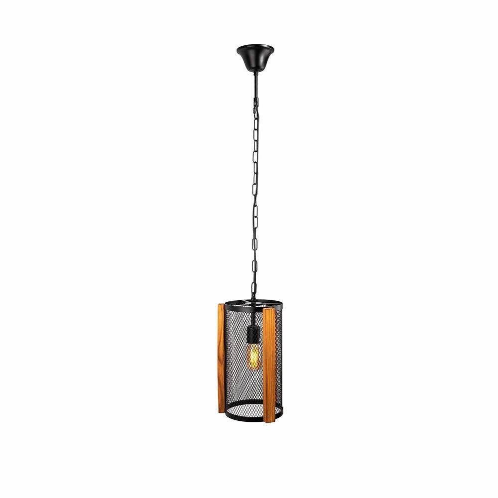 Black metal wood cylinder pendant light with e27 fitting main image