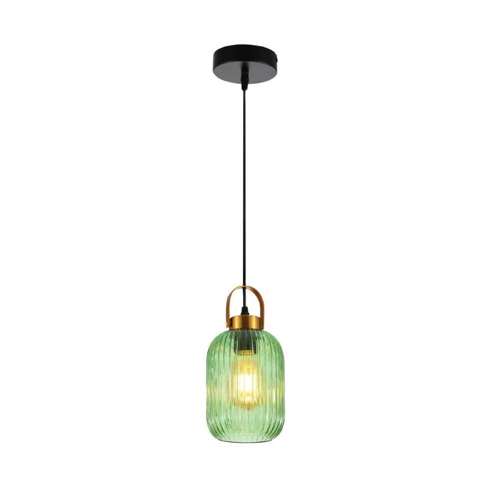 Main image of Sawyer Ribbed Fluted Reeded Maloto Lantern Green Glass Pendant Ceiling Light E27 Gold Handled  | TEKLED 150-18704