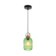 Main image of Sawyer Ribbed Fluted Reeded Maloto Lantern Green Glass Pendant Ceiling Light E27 Gold Handled  | TEKLED 150-18704