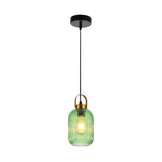 Main image of Sawyer Ribbed Fluted Reeded Maloto Lantern Green Glass Pendant Ceiling Light E27 Gold Handled  | TEKLED 150-18704