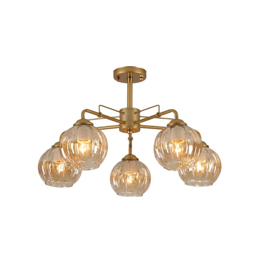 Main image of Amber Reeded Globe Glass Gold Metal Industrial Vintage Retro Semi Flush Ceiling Light with E27 Fittings | TEKLED 159-17654