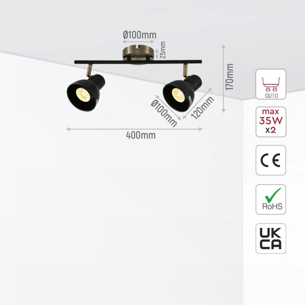 Tamaño y especificaciones del Foco de Varilla Hektor de 2 Vías con Montaje GU10 Latón Antiguo Negro | TEKLED 172-03128