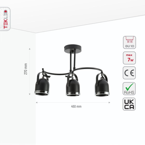 Tamaño y especificaciones del Foco de 3 vías Negro y Cromo en forma de S con Portalámparas GU10 | TEKLED 172-03106