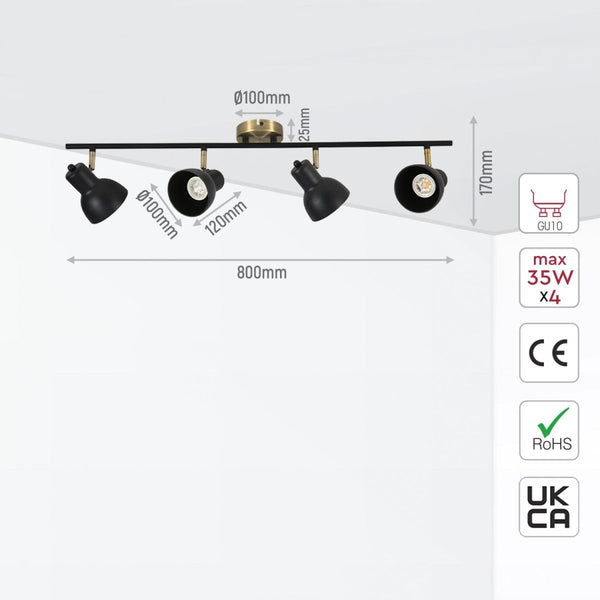 Tamaño y especificaciones del Foco de Riel Hektor de 4 Vías con Casquillo GU10 Latón Antiguo Negro | TEKLED 172-03132