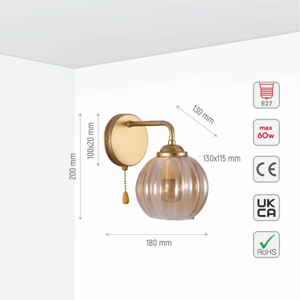 Aplique De Pared De Cristal Estriado Con Interruptor De Tirador Y Casquillo E27