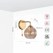 Aplique De Pared De Cristal Estriado Con Interruptor De Tirador Y Casquillo E27