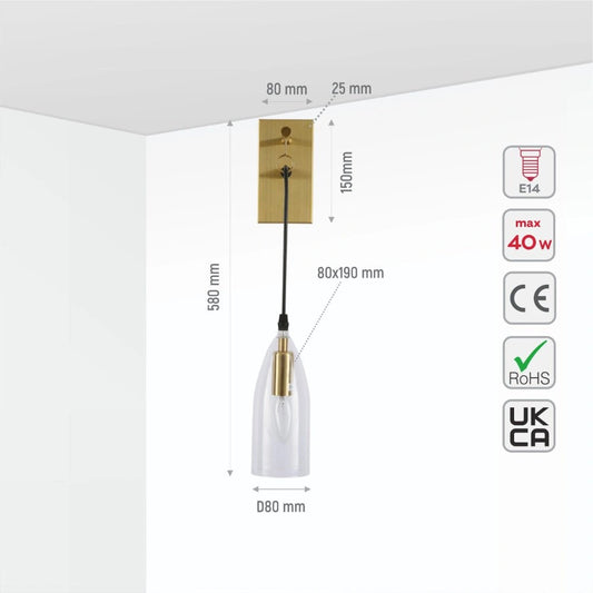Size and specs of Snowdrop Clear Glass Gold Metal Pendant Wall Light with E14 Fitting | TEKLED 151-19734