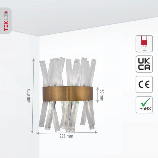 Size and specs of Antique Bronze Metal Coffin Crystal Wall Light with G9 Fitting | TEKLED 151-19528