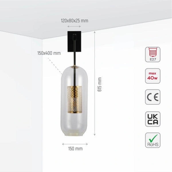 Size and specs of Clear Cylinder Glass Gold Cage Black Body Wall Light with E27 Fitting  | TEKLED 151-19735