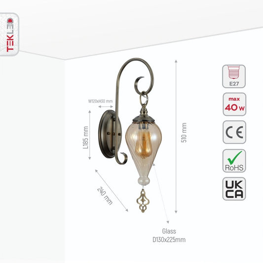Size and specs of Amber Glass Antique Bronze Metal Body Moroccan Style Wall Light with E27 Fitting | TEKLED 151-19452