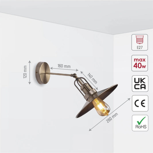 Size and specs of Antique Bronze Flat Metal Hinged Indutrial Retro Wall Light with E27 Fitting | TEKLED 151-19602