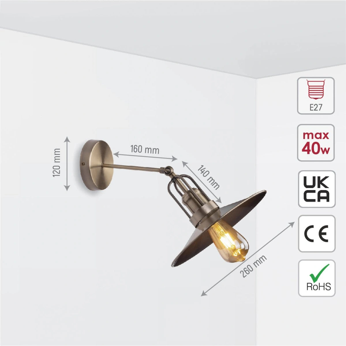 Size and specs of Antique Bronze Flat Metal Hinged Indutrial Retro Wall Light with E27 Fitting | TEKLED 151-19602
