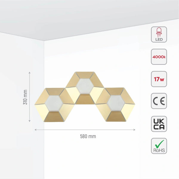 Size and specs of Honeycomb Gold Opal Contemporary Modern Triple Wall Light 17W 4000K Natural Cool White | TEKLED 158-19820