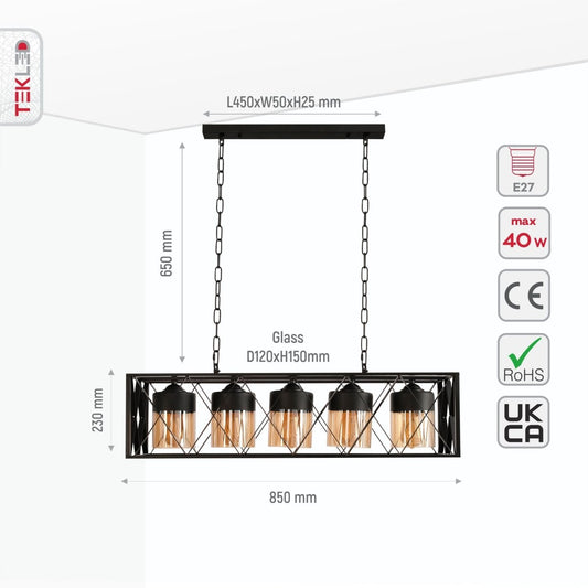 Size and specs of Black Caged Metal Amber Cylinder Glass Island Chandelier with 5xE27 Fitting | TEKLED 158-19580