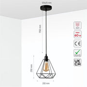Size and specs of Black Metal Diamond Caged Funnel Single or Triple Pendant Ceiling Light with E27 | TEKLED 150-17378