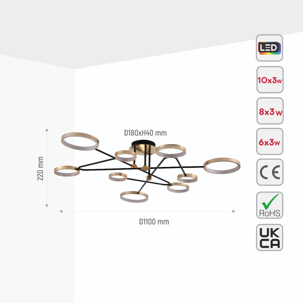 Size and specs of Contemporary Galaxy Gold Ring Black Rods Modern Semi Flush Chandelier Ceiling Light 72w Warm White | TEKLED 159-17550