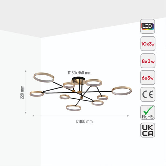 Size and specs of Contemporary Galaxy Gold Ring Black Rods Modern Semi Flush Chandelier Ceiling Light 72w Warm White | TEKLED 159-17550