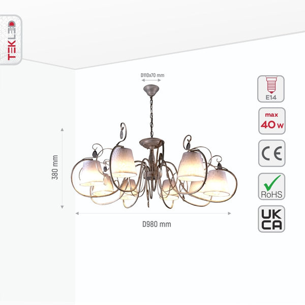 Size and specs of Creamy White Shade Rice White Gold Brushed 8 Arm Chandelier with 8xE14 Fitting | TEKLED 158-17824