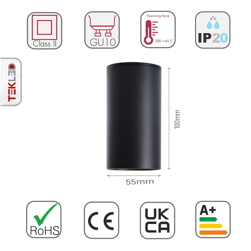 Tamaño y especificaciones del Foco Empotrado Cilíndrico Negro con Montaje Superficial y Portalámparas GU10 | TEKLED 172-03020