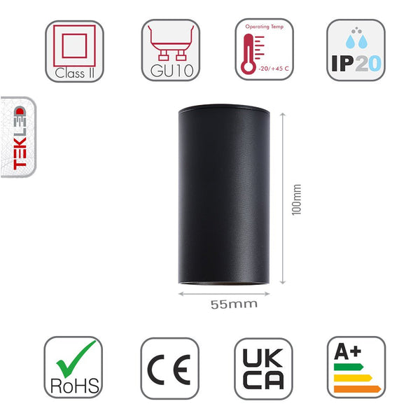 Tamaño y especificaciones del Foco Empotrado Cilíndrico Negro con Montaje Superficial y Portalámparas GU10 | TEKLED 172-03020