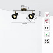Size and specs of 2 Way Hektor Rod Spotlight with GU10 Fitting Antique Brass Black | TEKLED 172-03128