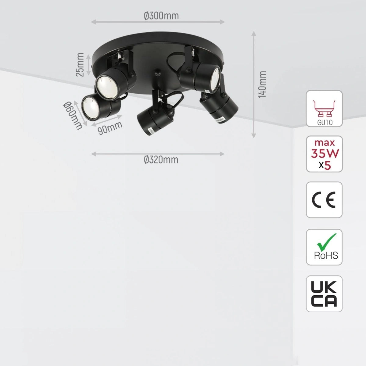 Size and specs of 5 Way Mane Tray Spotlight with GU10 Fitting Black | TEKLED 172-03078