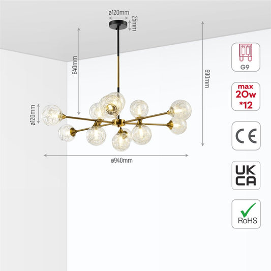 Size and specs of Gold Metal Sputnik Clear Globe Glass Chandelier Ceiling Light with 12xG9 Fittings | TEKLED 158-19576
