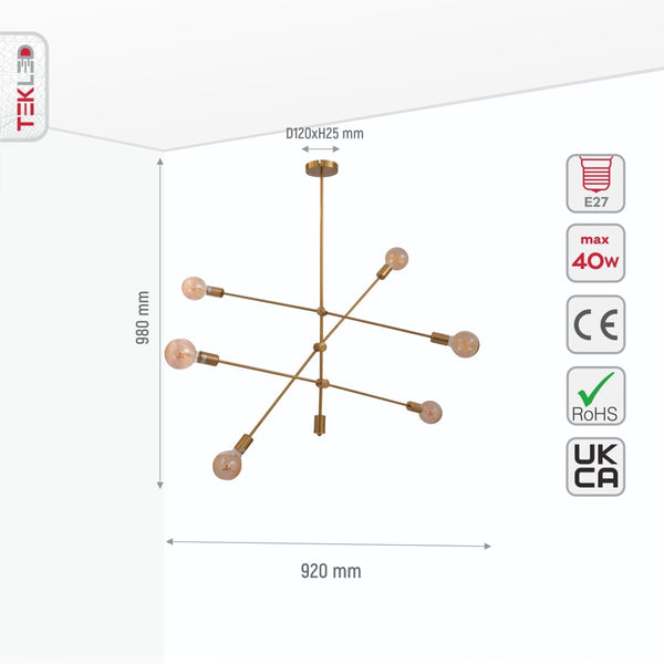 Size and specs of Gold Rod Modern Pendant Tiered Chandelier Light with 6xE27 Fittings | TEKLED 159-17574