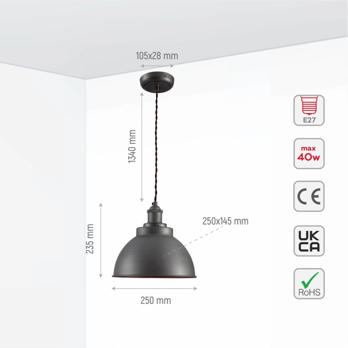 Size and specs of Brooklyn Vintage Metal Dome Pendant Light Pewter Copper  Bronze E27  | TEKLED 150-18203