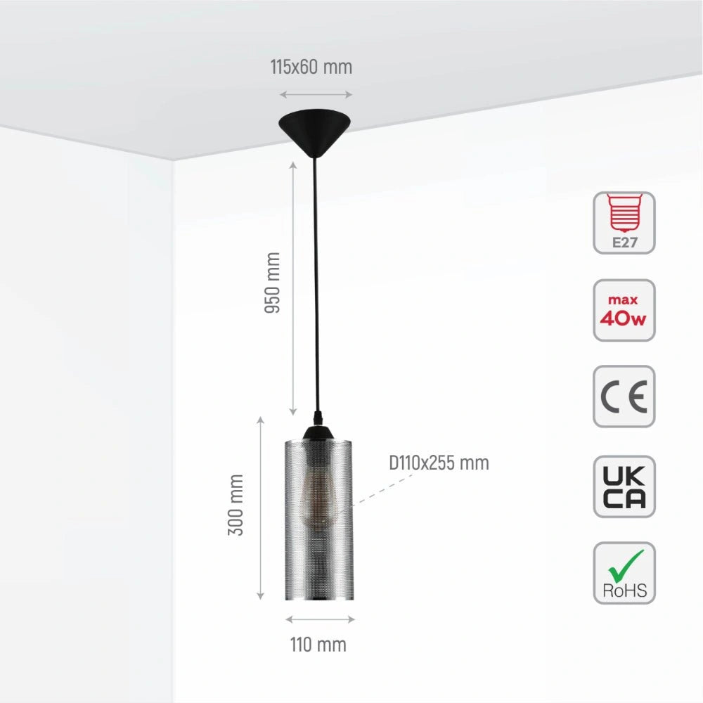 Size and specs of Sieve Chrome Cylinder Metal Pendant Ceiling Light D110 with E27 Fitting | TEKLED 158-19782