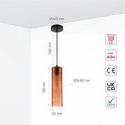 Size and specs of Brown Reeded Cylinder Glass Pendant Light with E27 Fitting | TEKLED 158-19738