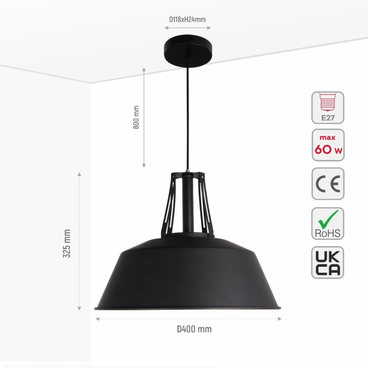Size and specs of Black Metal Step Pendant Ceiling Light X Large with E27 | TEKLED 150-18113