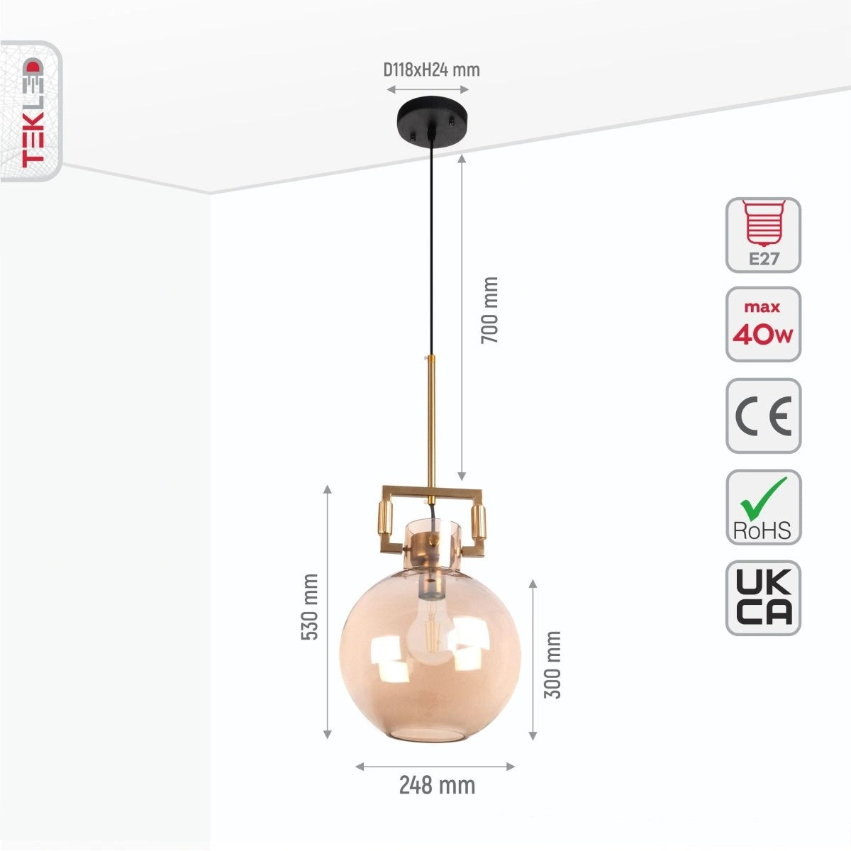 Size and specs of Amber Globe Gold Metal Modern Glass Ceiling Pendant Light with E27 Fitting | TEKLED 156-19472