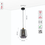 Size and specs of Smoky Glass Schoolhouse Pendant Light with E27 Fitting | TEKLED 159-17348