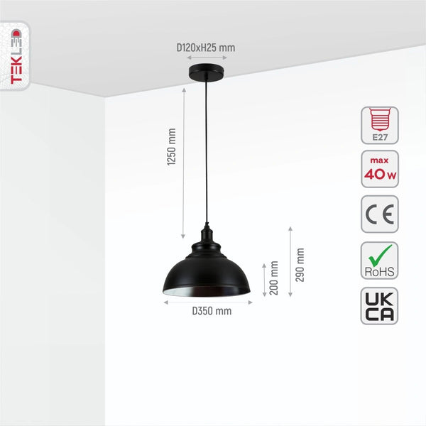 Size and specs of Black Dome Industrial Large Metal Ceiling Pendant Light with E27 Fitting | TEKLED 150-18364