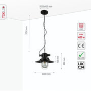Size and specs of Black Nautical Industrial Caged Flat Shade Glass Metal Ceiling Pendant Light with E27 Fitting  | TEKLED 150-18366