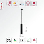 Size and specs of LED Pendant Downlight 15W Cool White 4000K Black | TEKLED 172-03005