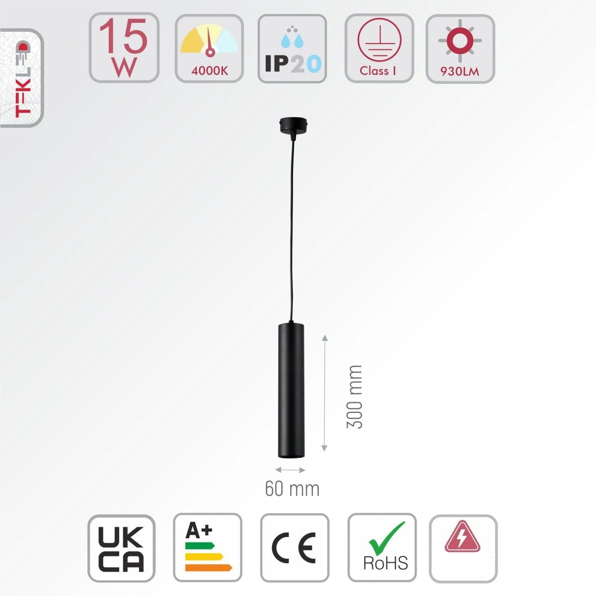 Size and specs of LED Pendant Downlight 15W Cool White 4000K Black | TEKLED 172-03005