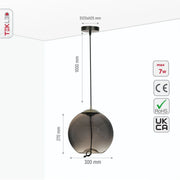 Size and specs of Smoky Glass Globe Pendant Light with G9 Fitting | TEKLED 159-17334