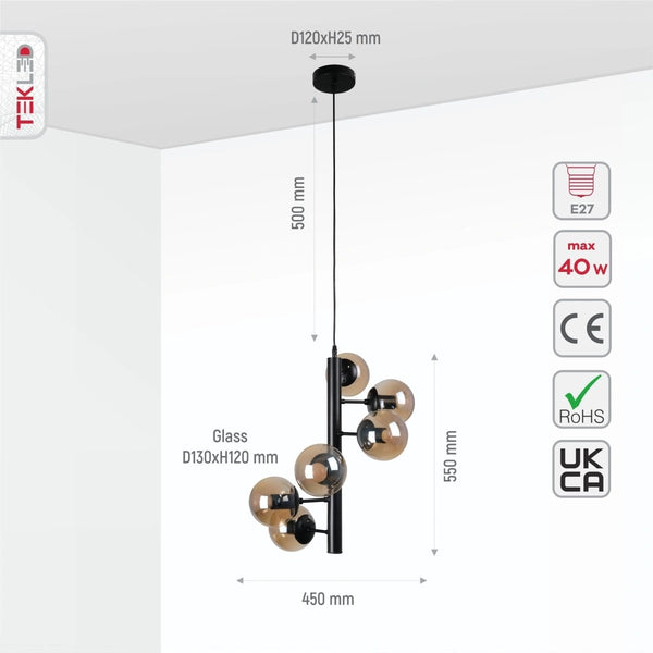 Size and specs of Spiral Smoky Globe Glass Black Metal Body Modern Sputnik Pendant Chandelier Light with 6xE27 Fittings | TEKLED 159-17404
