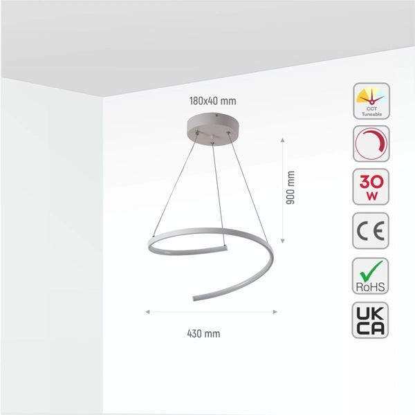 Size and specs of LED Spiral White Finishing 30W CCT Change Dimmable Contemporary Nordic Scandinavian Pendant Ceiling Light with Remote Control | TEKLED 154-17272