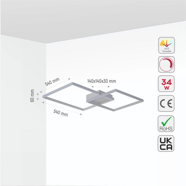 Size and specs of LED Crossing Squares White Finishing 34W CCT Change Dimmable Contemporary Nordic Scandinavian Flush Ceiling Light with Remote Control | TEKLED 154-17264
