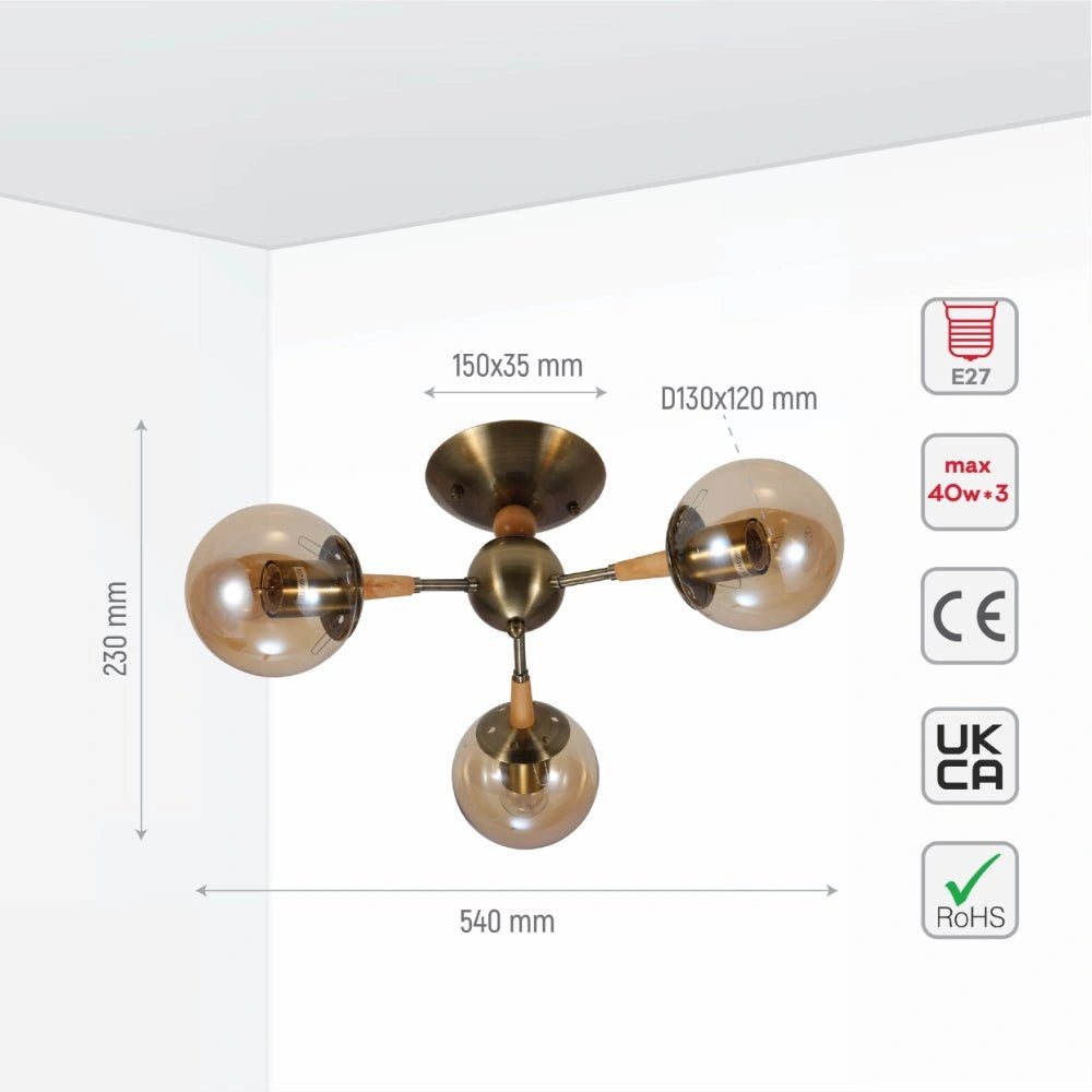 Size and specs of Amber Globe Glass Antique Brass Metal Wood Body Vintage Retro Molecule Ceiling Light with E27 Fittings | TEKLED 159-17778