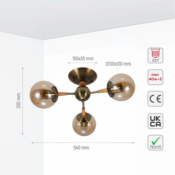 Size and specs of Amber Globe Glass Antique Brass Metal Wood Body Vintage Retro Molecule Ceiling Light with E27 Fittings | TEKLED 159-17778