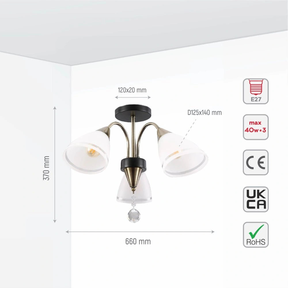 Size and specs of Petal Snowdrop Cone Glass Antique Brass Semi Flush Ceiling Light E27 | TEKLED 159-17726